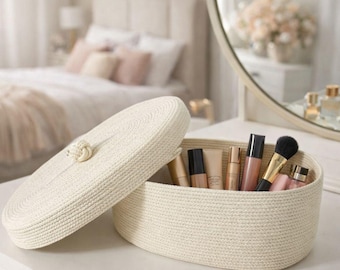 Aufbewahrungskorb aus Baumwollseil mit Deckel, ideal für Make-up und Hautpflegeprodukte, gewebter Organizer, minimalistische Wohndekoration, Einzugsgeschenk für sie