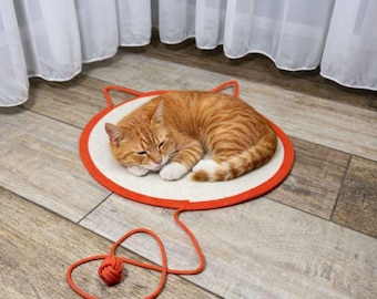 Handgefertigtes Katzenbett mit Ohren- und Schwanzspielzeug, Kratzmatte, natürliches Katzenspielzeug, Schlafmatte für Katzen, Geschenk für Katzenliebhaber, umweltfreundliche Haustiermatte