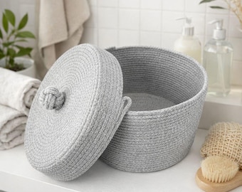 Seilkorb mit Deckel, Aufbewahrungskorb, handgefertigt, Organizer-Korb aus Baumwolle, Wohnaccessoire, moderner minimalistischer Korb, skandinavischer Stil