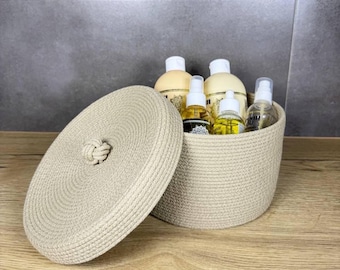 Aufbewahrungskorb mit Deckel aus Baumwollseil / Organizer für Bad, Wohnzimmer, Schlafzimmer / Geflochtener Haushaltsorganizer / Handgefertigter Korb / Einzugsgeschenk