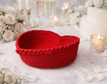 Herzförmiger Hochzeitskorb, Gastgeschenkkorb, handgefertigte Hochzeitsdekoration, Korb für Karten und Wünsche, Korb aus Baumwollseil, hübscher Aufbewahrungskorb