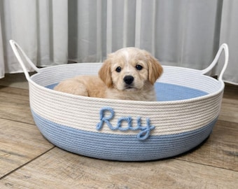 Personalisiertes Haustierbett aus Baumwollseil, Korb für Katzen und kleine Hunde, handgefertigtes, gemütliches Haustierbett mit Ohrgriffen, Geschenk für Tierliebhaber, Öko-Haustierbett