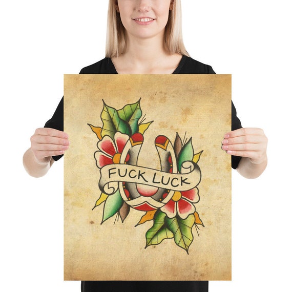 Fck Luck Traditional Tattoo Horseshoe Banner By Skull Etsy