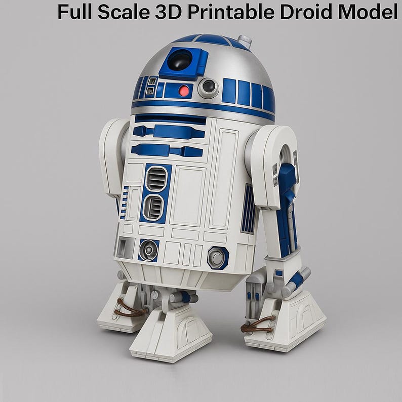 May include: A full-scale 3D printable droid model. The droid is white with blue and silver accents. The text "Full Scale 3D Printable Droid Model" is at the top of the image. The droid has a cylindrical head and a rectangular body.