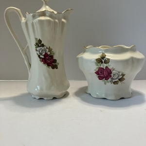 Vintage House of Webster Prussian Hot Chocolate Pot & Biscuit Cracker Jar, Deep Rose Floral, Gold Trim