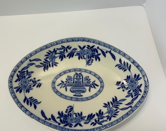 ヴィンテージ スターリングシルバー製オーバルプラッター | ブルーフローラル転写プリント食器、ファームハウススタイルのキッチン装飾