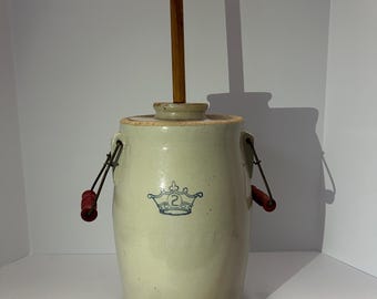 Vintage 2 Gallon Stoneware Butter Churn Crock with Wooden Dasher – Blue Crown Mark