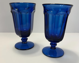 Vintage Imperial Glass Old Williamsburg Cobalt Blue Goblets – Set of 2 – Colonial Style Paneled Pedestal Glasses