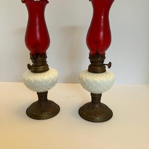 Pair Ruby Red Glass Miniature Oil Lamps, White Milk Glass Diamond Pattern Base