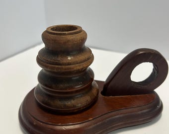 Vintage Hand Turned Wooden Chamberstick Candle Holder with Finger Loop Handle Primitive Colonial Farmhouse Rustic Decor