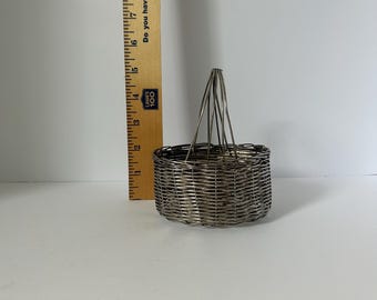 Vintage Silver Wire Basket with Handle, Mini Farmhouse Decor Accent, Rustic Organizer