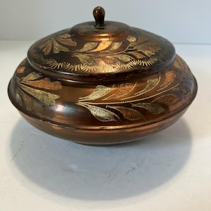 Vintage Hand Etched Copper Lidded Bowl, Indian Copper Brass Inlay Covered Dish, Mid Century Boho Decor, Trinket Candy Pot