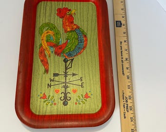 Vintage Rooster Metal Tray Set, Farmhouse Kitchen Decor, Mid Century Wall Art