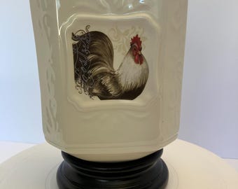Vintage Rooster Kitchen Utensil Holder Crock | Farmhouse Ceramic Countertop Organizer | Cream Glazed Rooster Vase Planter | Country Decor