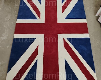 Union Jack Area Rug – British Flag Carpet, Red Blue White UK Theme Decor, Modern 100% Wool Rug for Kids Room, Bedroom, Living Room, Any Room