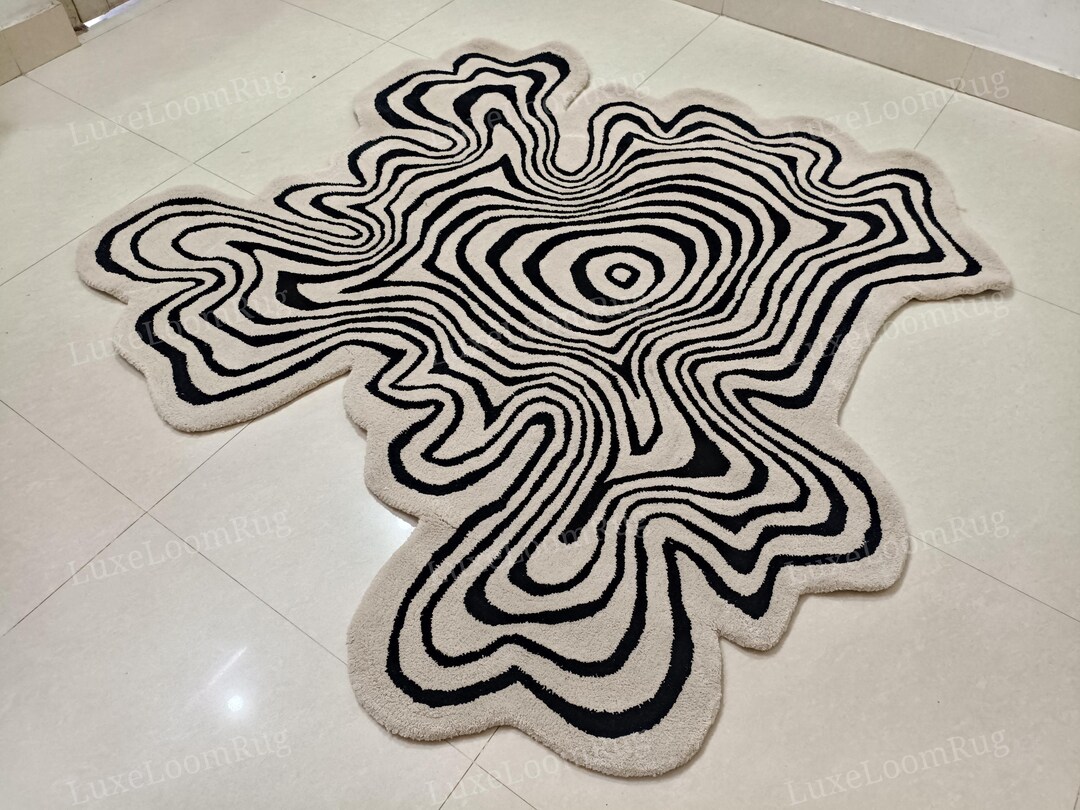 Abstract Organic Shape Black & Ivory Area Rug, Handmade Tufted Wool ...