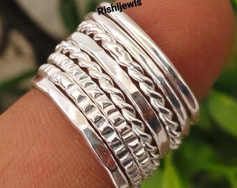Juego de 8 anillos apilables de plata de ley / Bandas minimalistas de estilo bohemio