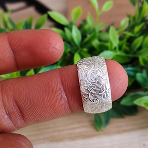 925 Sterling Silver Engraved Floral Scroll Wide Band Ring, Boho Statement Wedding Band