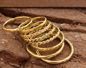 Brass Stackable Ring Set of 8, Minimal Gold Look Bands, Handmade Jewelry