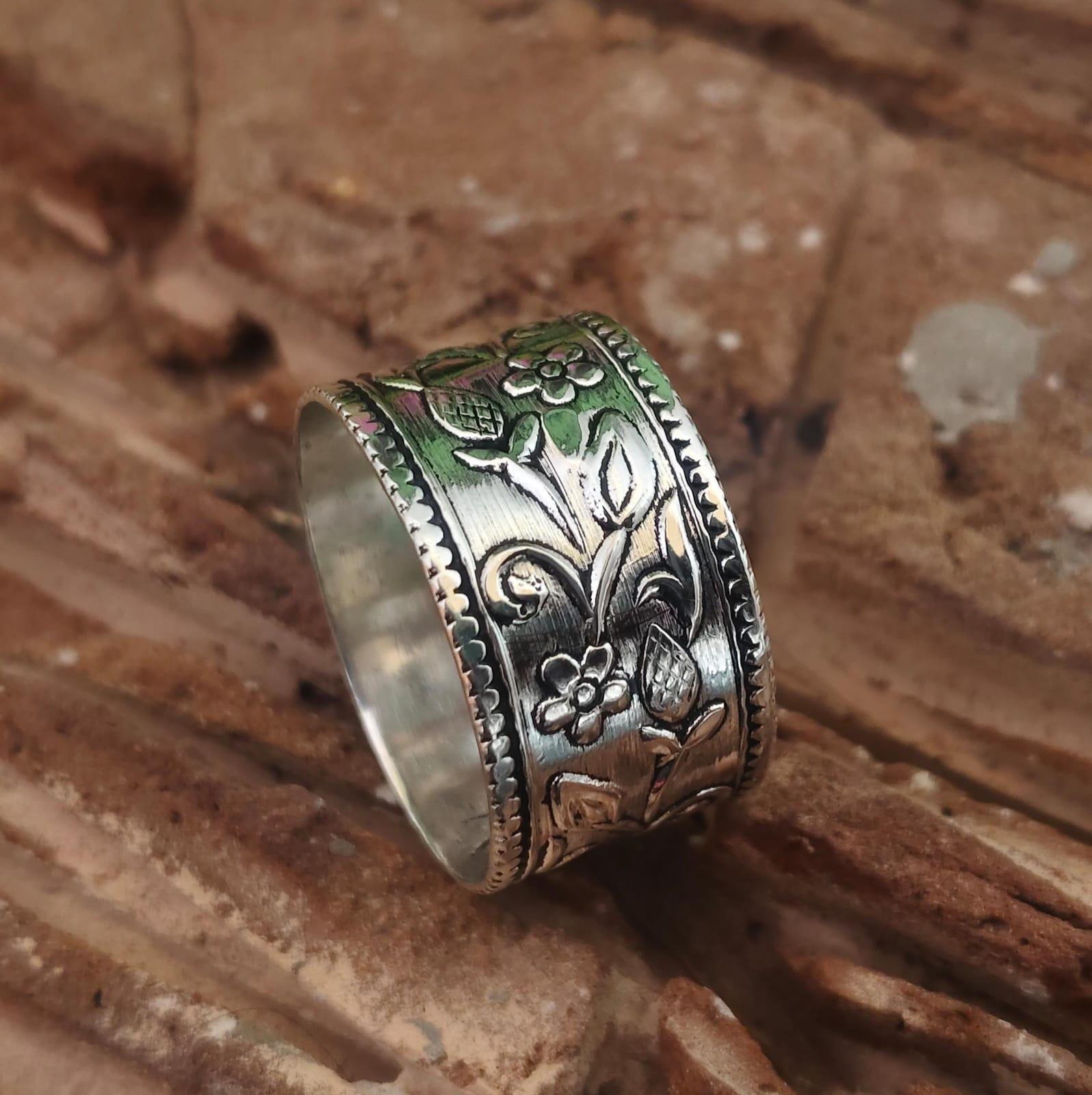 Handmade Sterling Silver Floral Band Ring | Oxidized Boho Statement ...