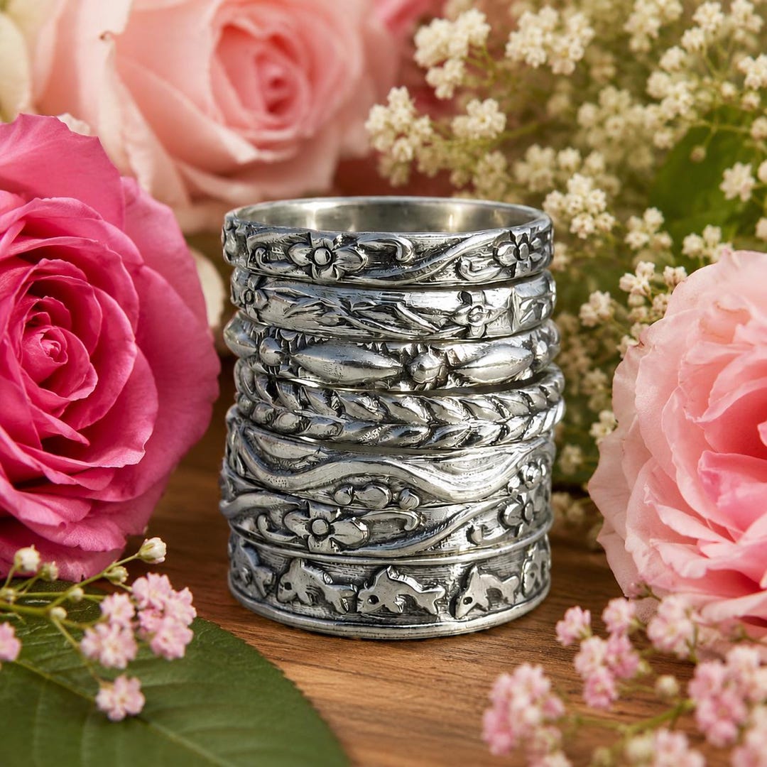 Set of 7 Silver Floral Vine Rings – Stackable Boho Vintage Bands ...