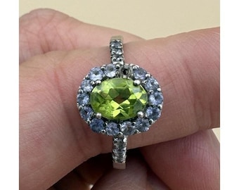 Anillo STS de plata de ley 925 con peridoto y tanzanita tipo halo - Talla 7.5 - Tal cual