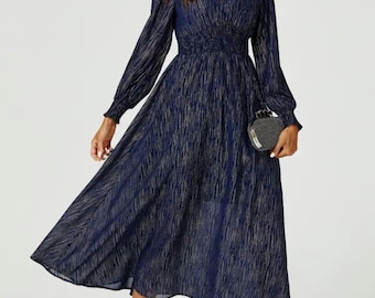 Maxikleid langärmlig Navy mit Goldenen Details