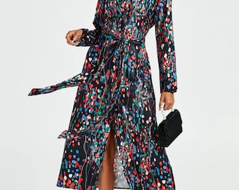 Wickel Hemdkleid Maxi mit abstraktem Blumendruck in Schwarz