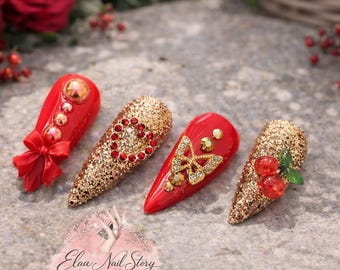 Red Cherry Press On Nails | Handmade Luxury Nails | Long Acrylic Style | Custom Size | Reusable Fake Nails