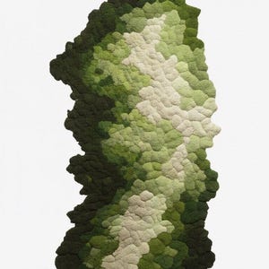 May include: An abstract rug with a textured surface, featuring a design in varying shades of green and off-white. The rug's pattern resembles a landscape or map, with a three-dimensional effect created by the small, rounded shapes. The colour palette ranges from dark to light green.