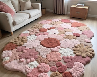 Alfombra floral redonda con mechones hechos a mano, con patchwork de flores rosa ruborizado para sala de estar.