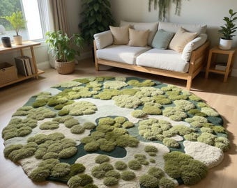 Handmade Moss Rug, 3D Green Textured Carpet, Nature-Inspired Round Rug, Custom Size Carpet