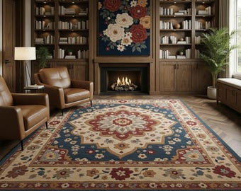 May include: A large, rectangular rug with a central floral medallion design in red, beige, and blue. The rug has a floral border and is in a room with a fireplace and bookshelves. The rug's dimensions are in centimetres.