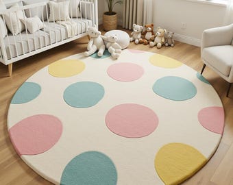 Tufted Round Polka Dot Nursery Rug, Pastel Kids Playroom Carpet, Soft Baby Room Floor Rug