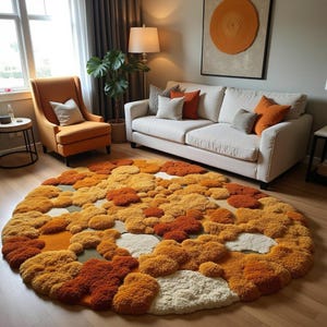 Peut inclure: Un tapis rond texturé avec un motif en forme de nuages dans des tons d'orange, de jaune et de crème. Le tapis est posé sur un parquet dans un salon, avec un fauteuil orange et un canapé blanc en arrière-plan.