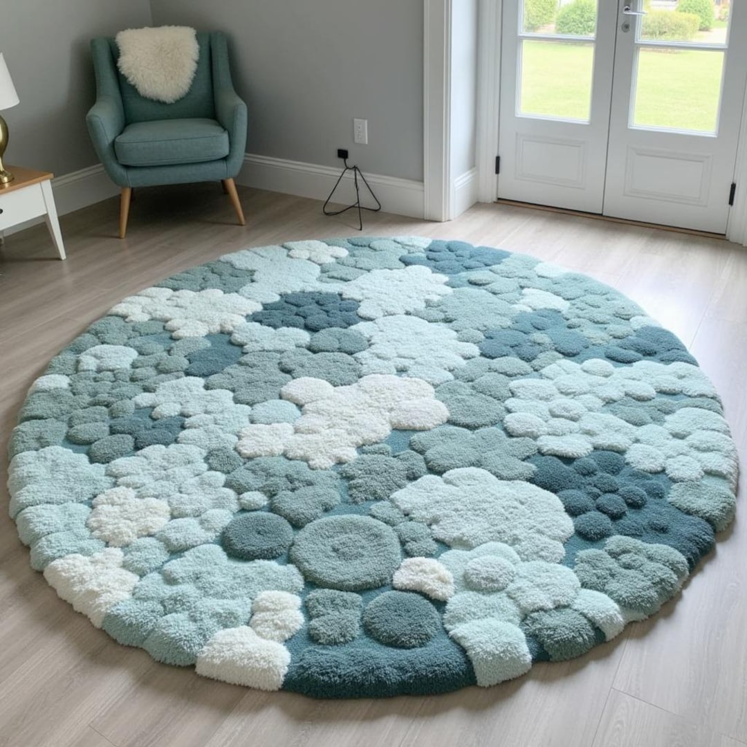 Blue Round Bubble Tufted Rug – Handmade 3D Cloud Carpet, Soft Textured ...