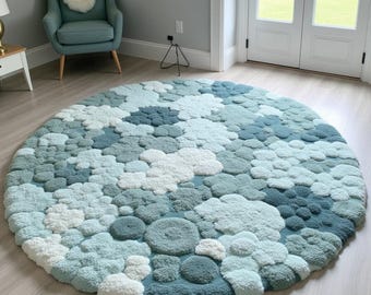 Blue Round Bubble Tufted Rug – Handmade 3D Cloud Carpet, Soft Textured Shaggy Rug