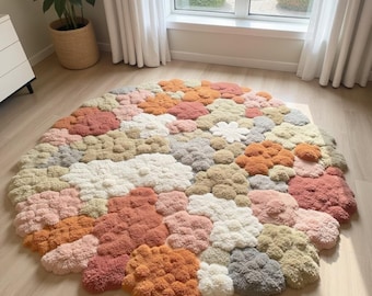 Hand Tufted Round Floral Rug, Pastel Patchwork Flower Carpet, Soft Plush Modern Nursery Rug