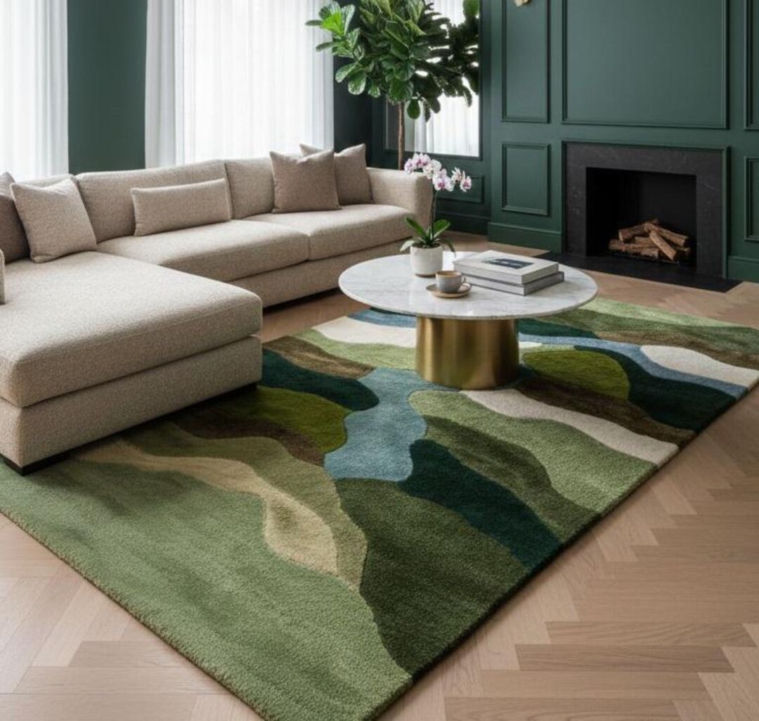 Modern Abstract Green Area Rug – Handcrafted Designer Carpet for Living ...
