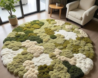 Round Moss Rug Handmade, 3D Tufted Green & Cream Forest Carpet, Organic Shape Nature-Inspired Rug