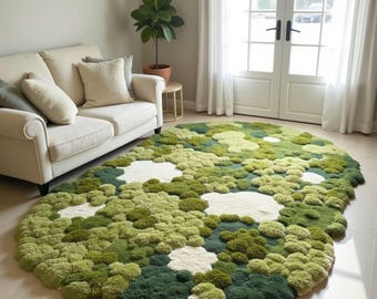 Alfombra verde musgo tejida a mano, con textura inspirada en la naturaleza, disponible en tamaño personalizado.