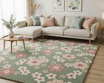 Hand Tufted Floral Area Rug, Green Pink Flower Carpet, Modern Cottagecore Living Room Rug