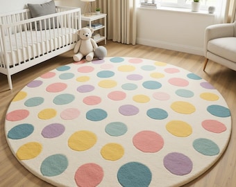 Kids Round Area Rug, Colorful Polka Dot Nursery Rug, Handmade Soft Playroom Carpet