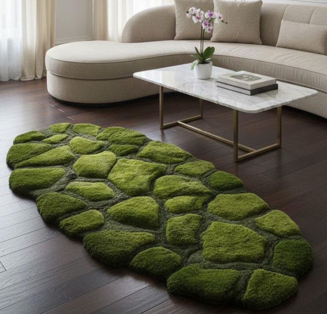 Green Earthy Pattern Rug Hand Tufted Moss Stone Shaped Green Rug, 3D Pebble Design Carpet ...