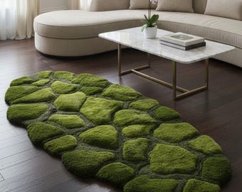 Hand Tufted Moss Stone Shaped Green Rug, 3D Pebble Design Carpet, Nature Inspired Area Rug