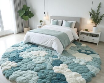 Round Blue Textured Rug, 3D Tufted Carpet for Bedroom, Custom Size Modern Home Decor