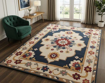 Vintage bloemenvloerkleed, blauw en beige traditioneel getuft tapijt, handgemaakt woonkamertapijt