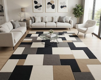 Hand Tufted Modern Geometric Area Rug, Square Patchwork Carpet, Neutral Beige Grey Black Rug