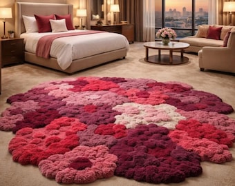 Handmade Pink & Burgundy Floral Cloud Rug, Plush Area Rug, Modern Romantic Home Decor