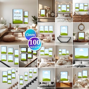 Puede incluir: Una colección de maquetas de arte enmarcadas con un diseño de paisaje, con un cielo azul y colinas verdes. La imagen incluye varios arreglos de arte enmarcado, mostrando diferentes entornos de diseño de interiores. El texto "YOUR design HERE" es visible.